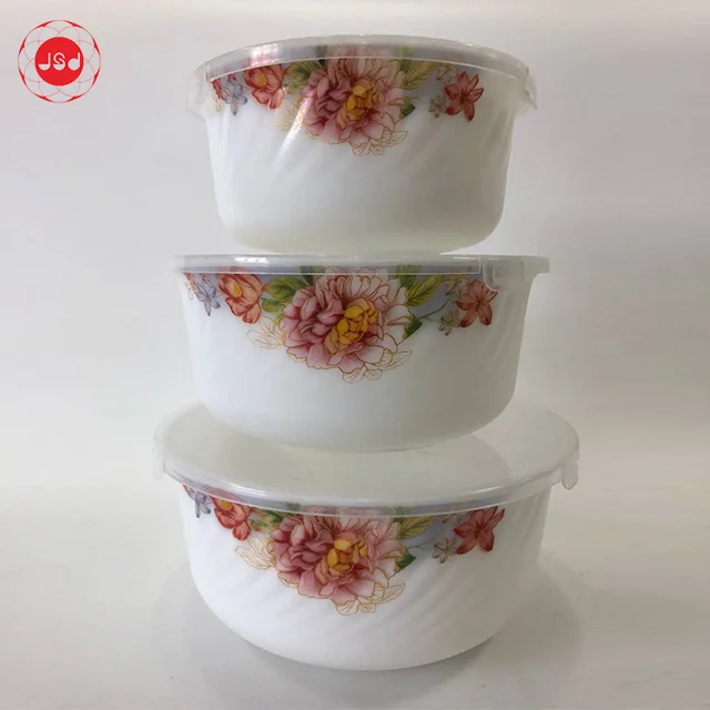 3 Pieces Promotional Opal Glass Fresh Bowl Set Blue Decal Printing Salad Bowl