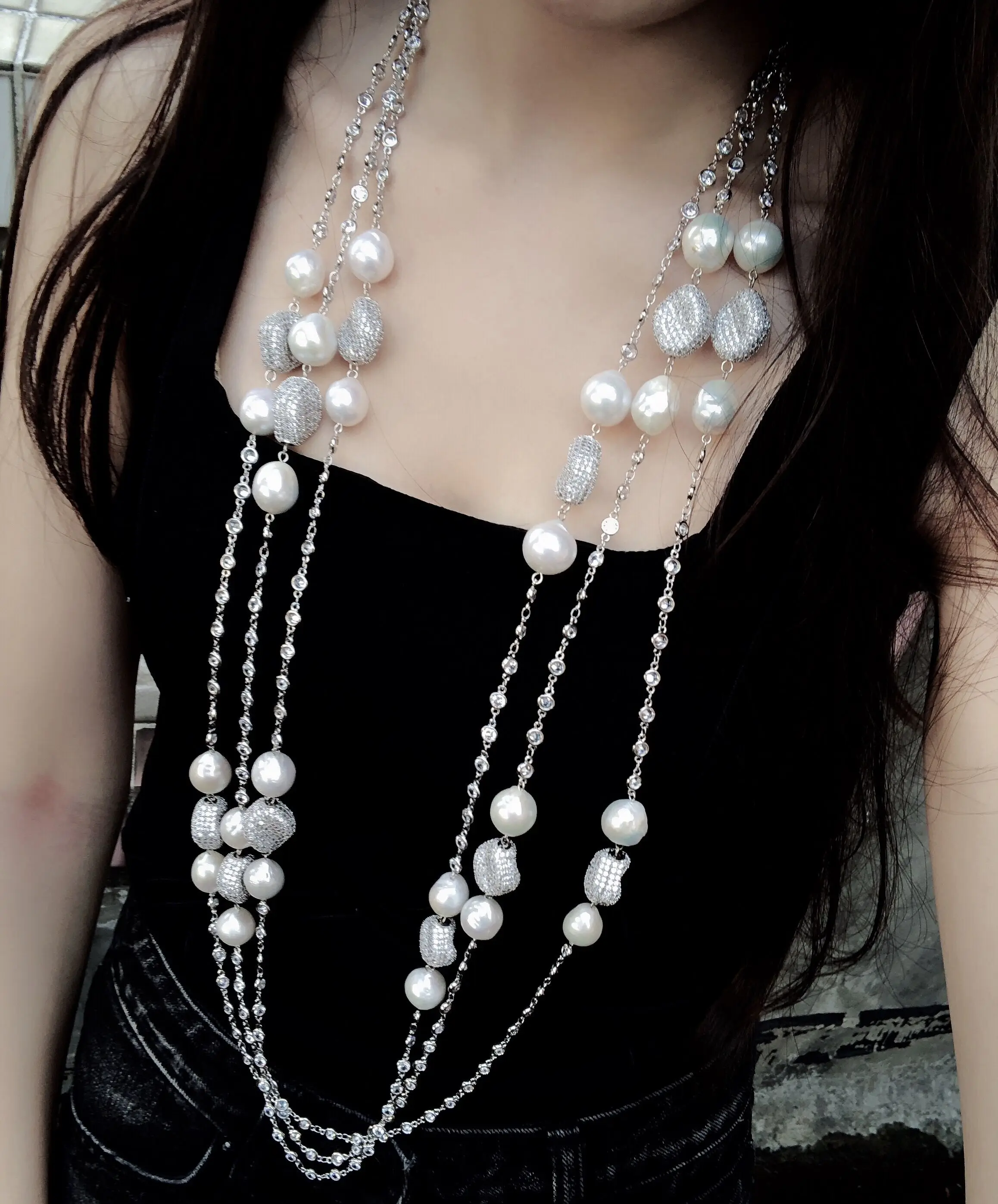 

CZ-N0205 2017 Fresh water Pearl Sweater Chain Necklace with cubic zircon cz charming ball, N/a