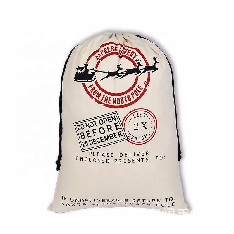 
natural cotton canvas santa sacks wholesale christmas drawstring bag 