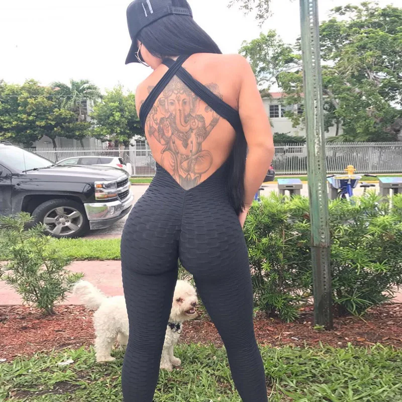 Womens Sport Yoga Solid Jumpsuit Ruched Butt Lifting Elastic Fitness Tights Running Tight Sports Sets