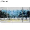 Abstract Blue Tree Landscape Group Oil Painting Handmade Modern 3Pcs Oil Painting for Living Room Abstract Scenery Wall Painting