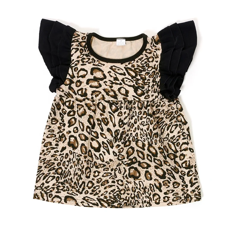 

Kids Fluttter Sleeve Leopard Print Print Top For Summer Babay Girls T- Shirt, As the picutres show