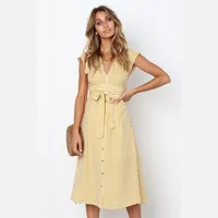 

Vintage Stripe Midi Dress Women Elegant Deep V Sash Tie Up Bohemian Dresses Female Summer Streetwear Sundresses Y11685