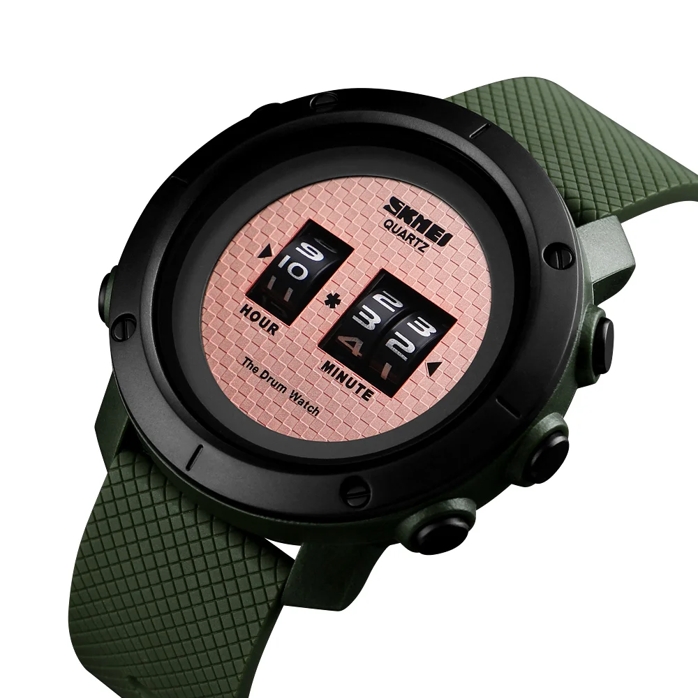 

2019 skmei 1486 design roller big face plastic drum watch for men japan movt quartz watch stainless steel back, N/a
