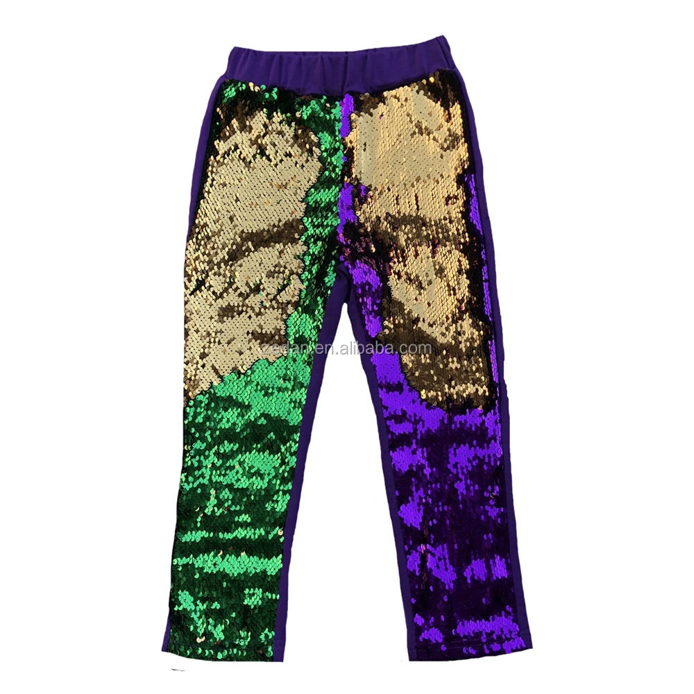 

Wholesales Mardi Gras Reversible sequin legging colorful sequin casual invertible girl pants holiday trousers, Pic