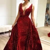 ZH1421Q Burgundy bling Sequins Evening Dresses deep V-Neck Sparkly beading Formal Party Prom Gowns with detachable train