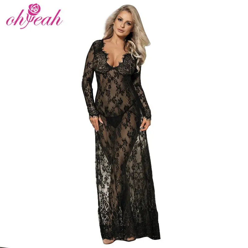 

Black Eyelash Lace Transparent Lingerie Maxi Sexy Night Dress For Woman, As show