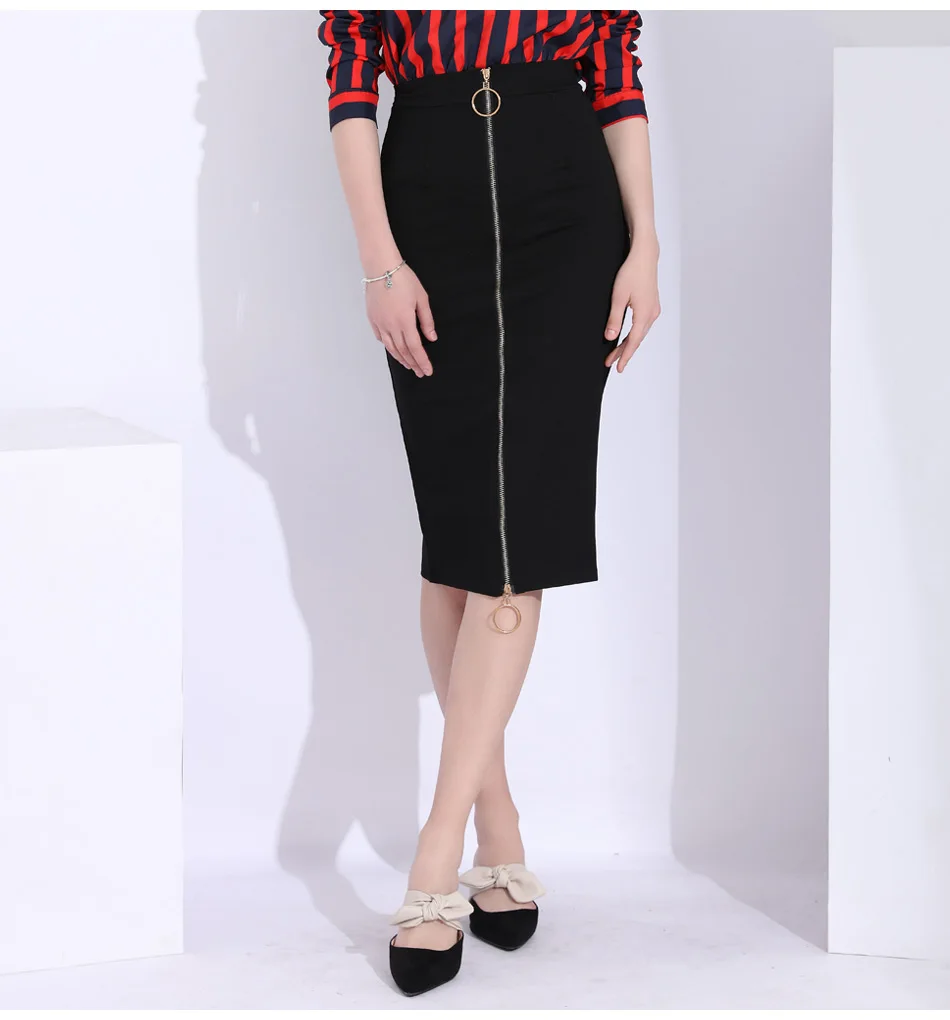 Women High Waist Zipper Slim Black Long 