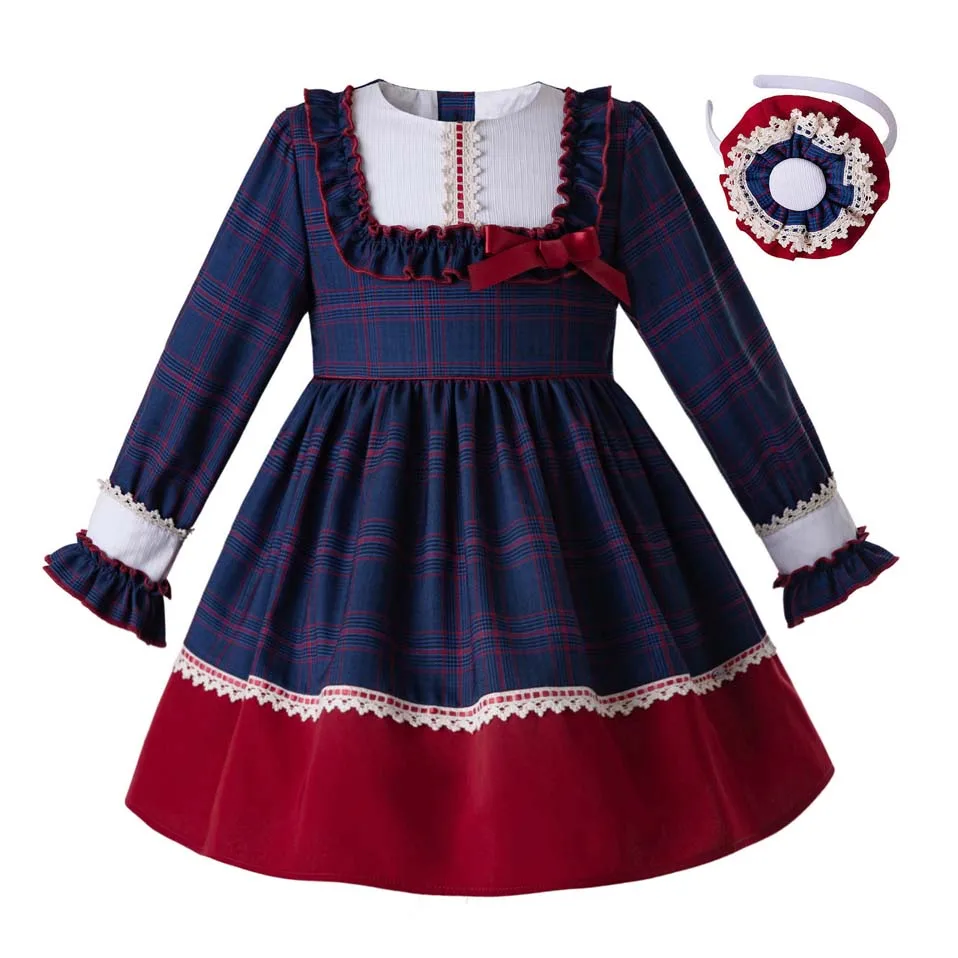 

Pettigirl Girls Navy Blue Dress Red Layer Baby Girl Dresses With Headwear, Navy & white