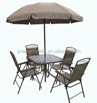 6 Pcs Patio Garden Set Furniture Umbrella Gray With 4 Folding Chairs