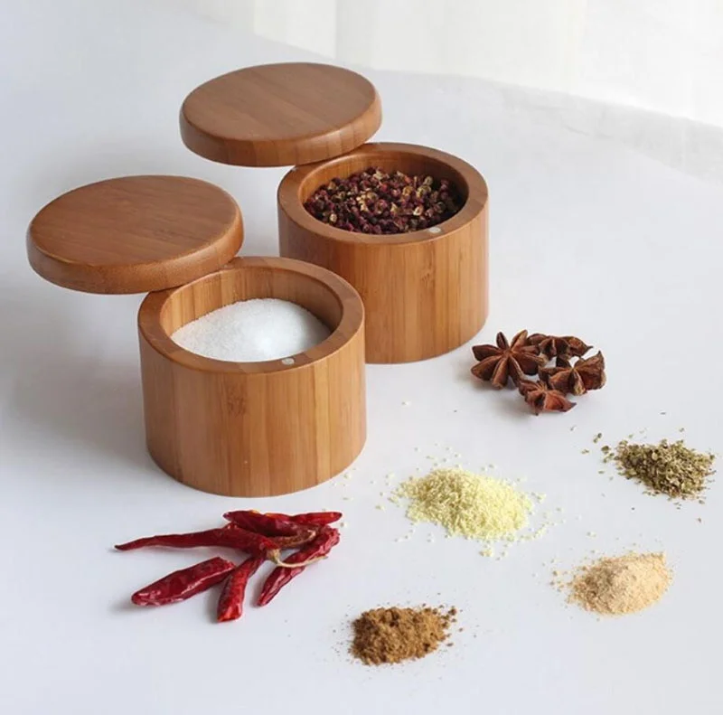 

Food Safe Round Bamboo Salt Box Spice Storage Box With Magnetic Swivel Lid, Sliver