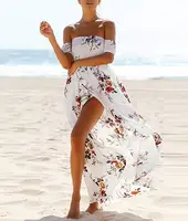 

Women Boho Off Shoulder Strapless Summer Beach Floral Slit Long Maxi Dress