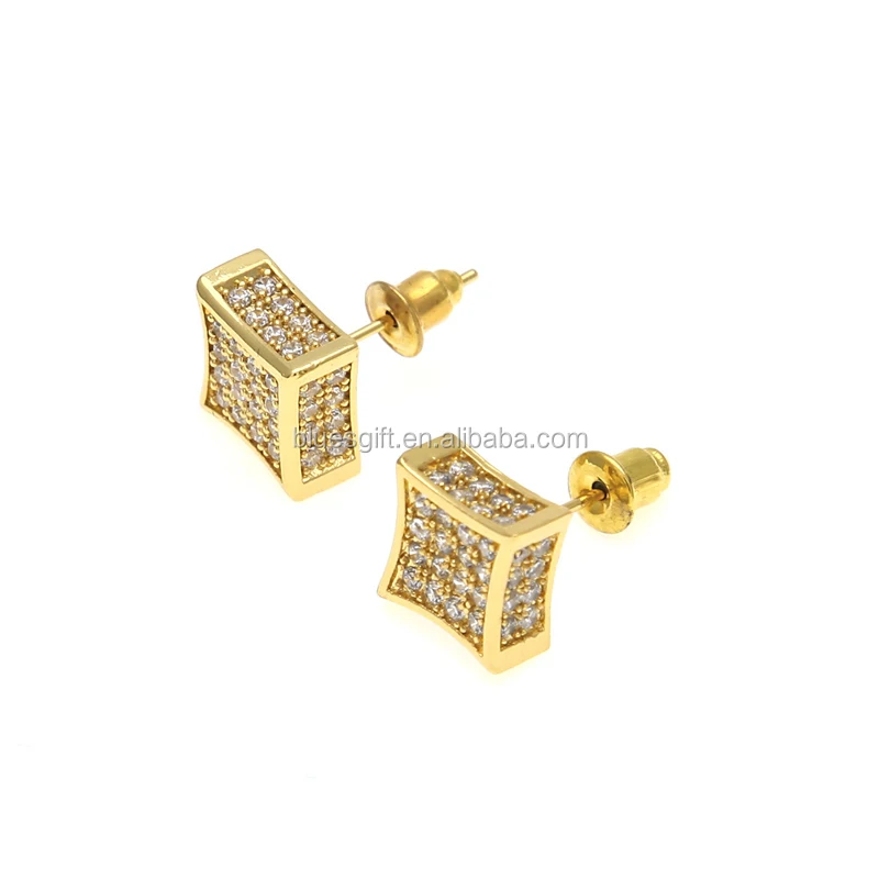 

Blues RTS hip hop Luxurious micro pave cubbic zircon Diamond Inset Square Stud Earrings, Silver, gold