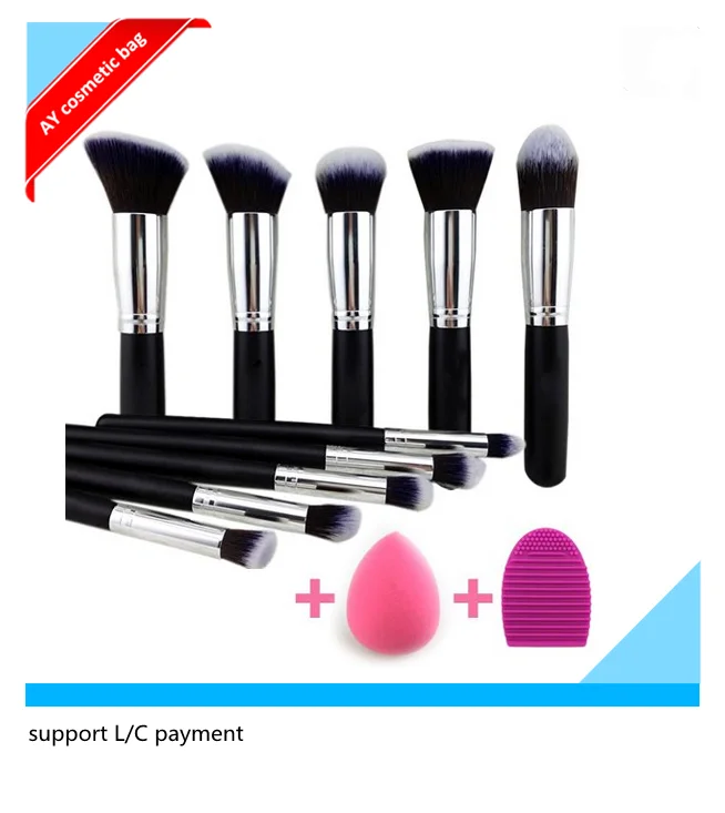 

AY 10 pcs kabuki style professional makeup brush set black silver color free sample, Black and gold/silver