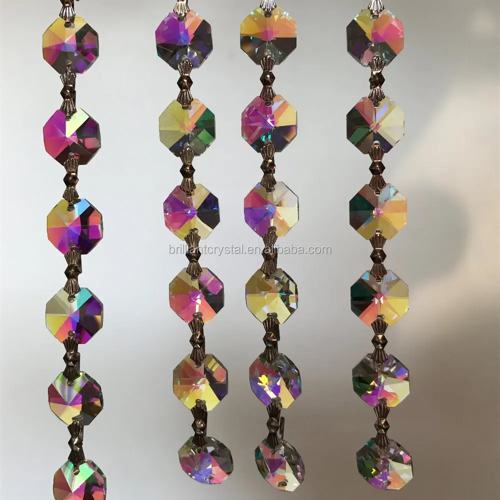

14mm Ab crystal octagon beaded garland strands with brass bowtie for windows hanging deco, Clear ab