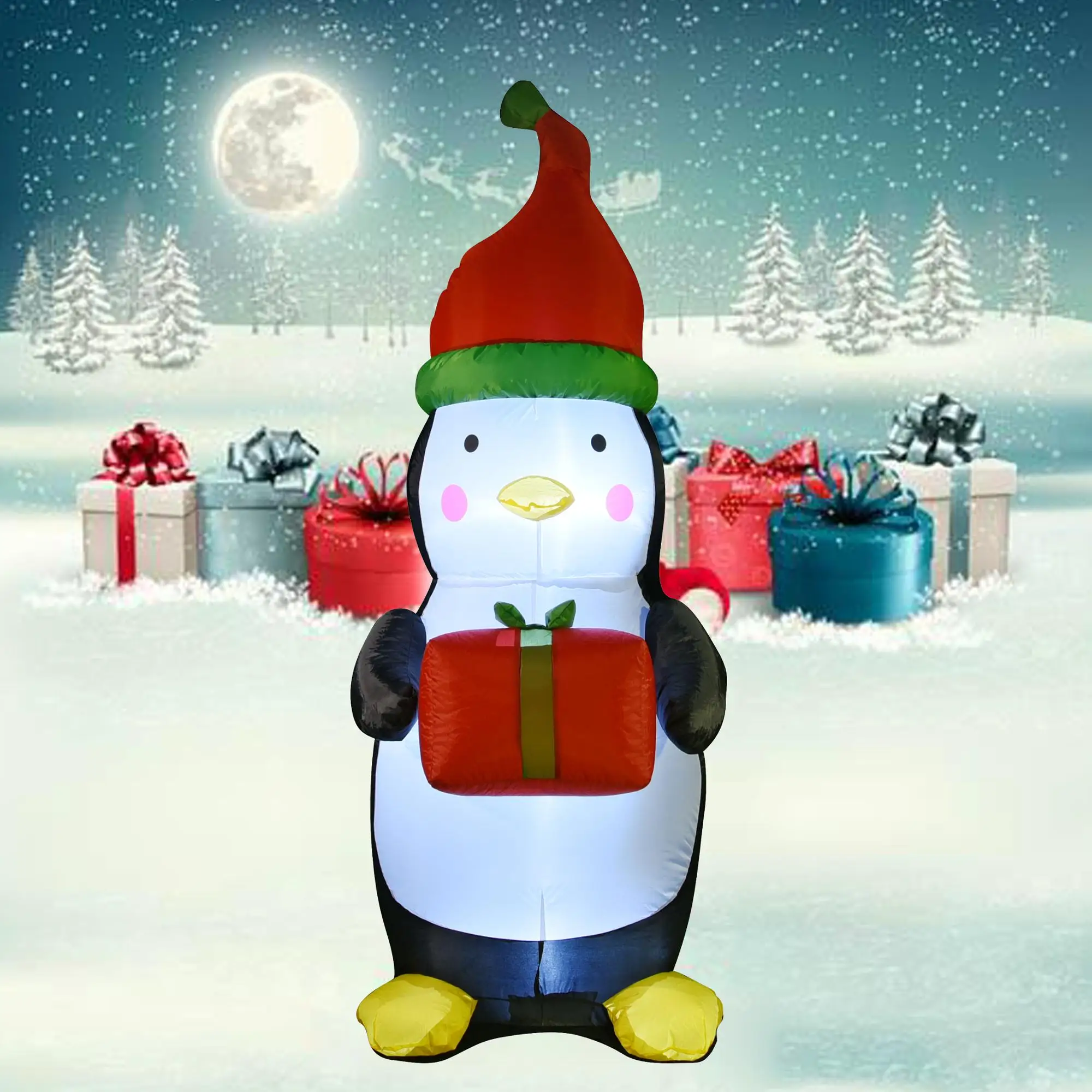 6ft / 180cm Christmas Inflatable Led Penguin With Hat & Gift Holiday