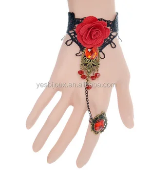 Fashion Rose Lace Finger Chain Ring Bracelet Gothic Hand Fashion Rose Lace Finger Chain Ring Bracelet