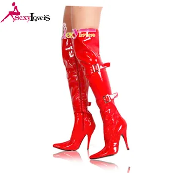 red thigh high boots with belt