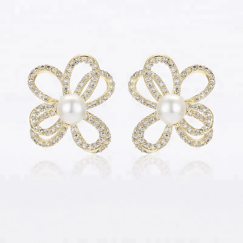 

Fashion Women Sterling Silver Hollow Flower Shaped Pearl Micro Pave Cubic Zirconia Stud Earring, Silver,gold