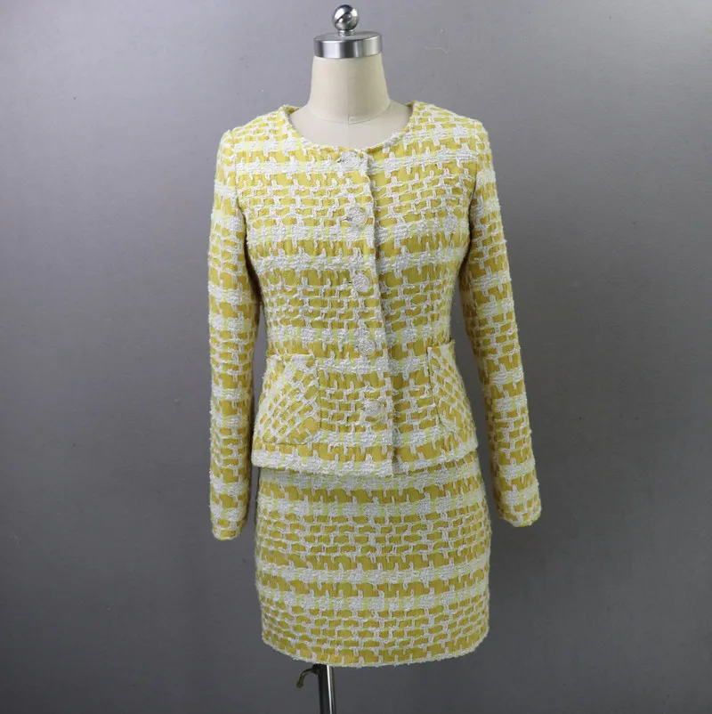 

Women knitting clothing women formal office lady buttons classic yellow tweed blazer jacket coat with skirt dress suit set