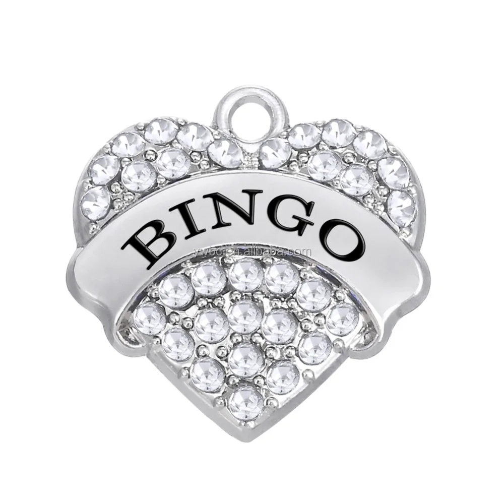 

Custom DIY Zinc Alloy Rhodium Plated White rhinestones color Bingo Word Pendant Crystal Heart Pendant Charms For jewelry Making, Silver