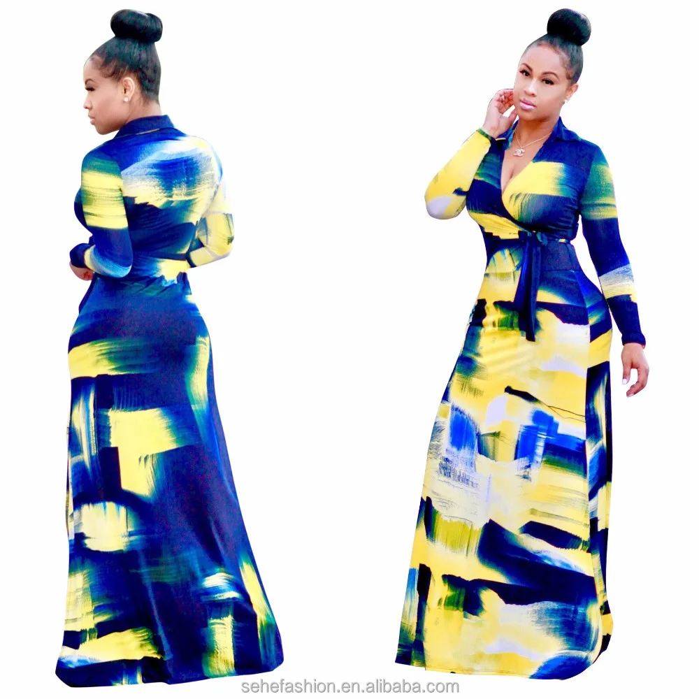 

751317 Ready made contrast colors african designs printed long sleeves maxi dresses for women