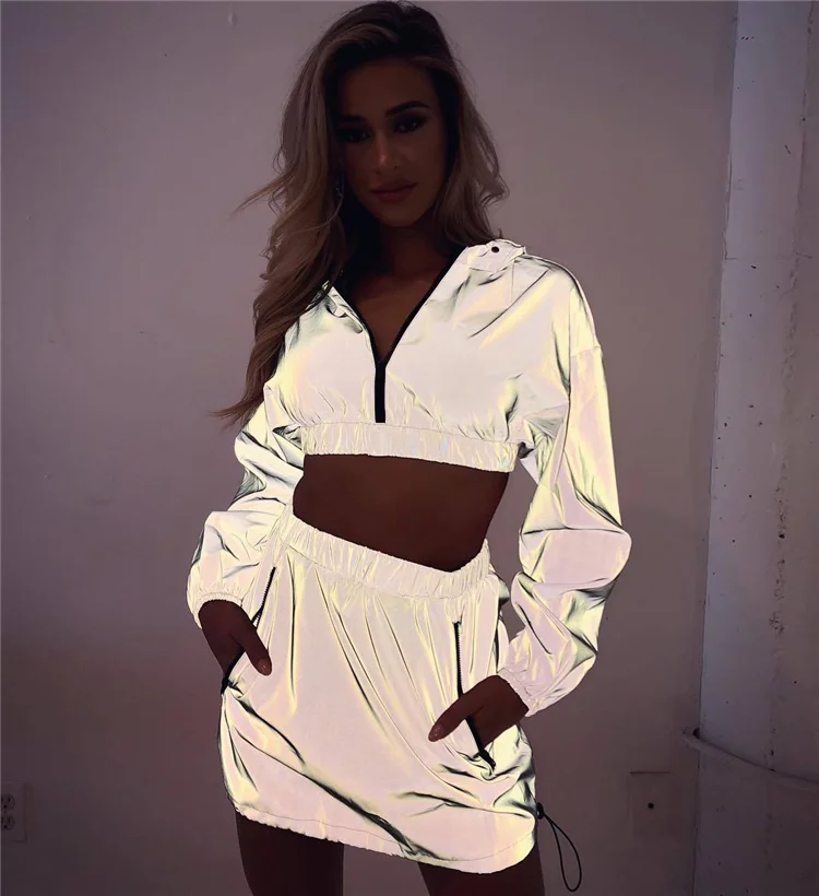 

Wholesale Reflective 2 Piece Crop Top Skirts Set For Women