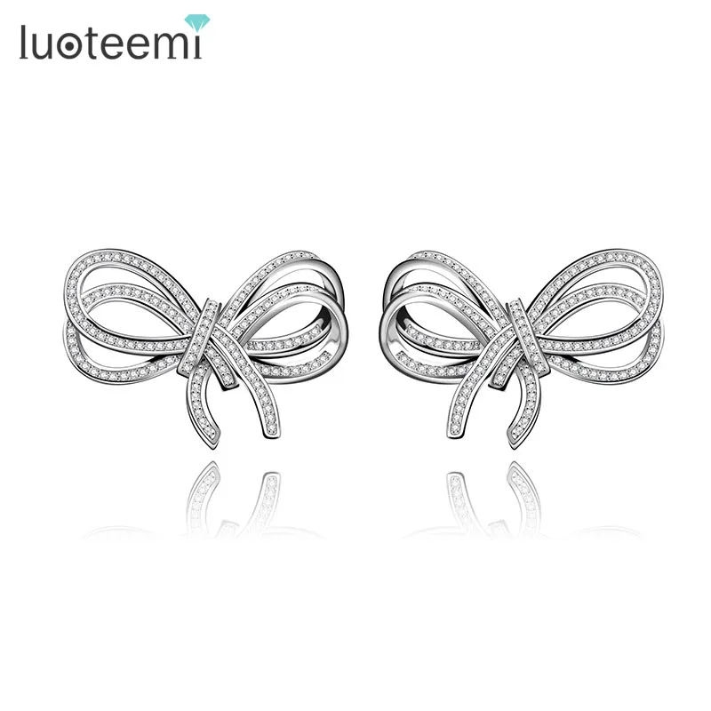 

LUOTEEMI Female Luxury European Creative Designer Super Shining Micro Zircon Bow Knot Stud Earrings, N/a