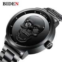 

BIDEN 0063 1 Punk 3D Skull Personality Retro Fashion Mens Black Watches Waterproof Stainless Steel Quartz Watch Unique