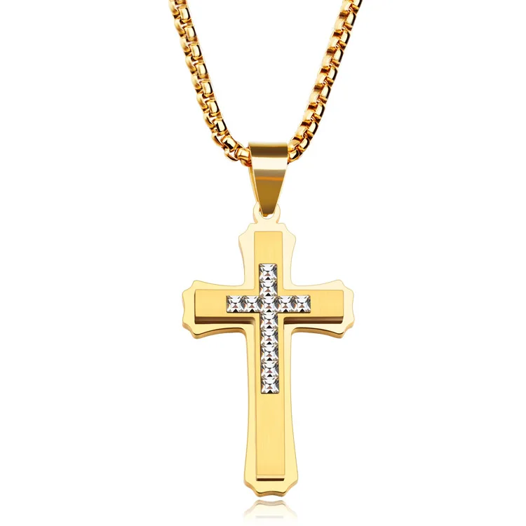 

Stainless Steel Gold Plated Diamond CZ Men Women Cross Necklace, Gold or silver