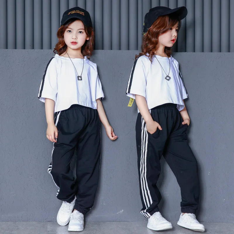 

Jazz White Short Sleeve Black Trousers Children Stage Dancing Wear Performer Clothes, White;black