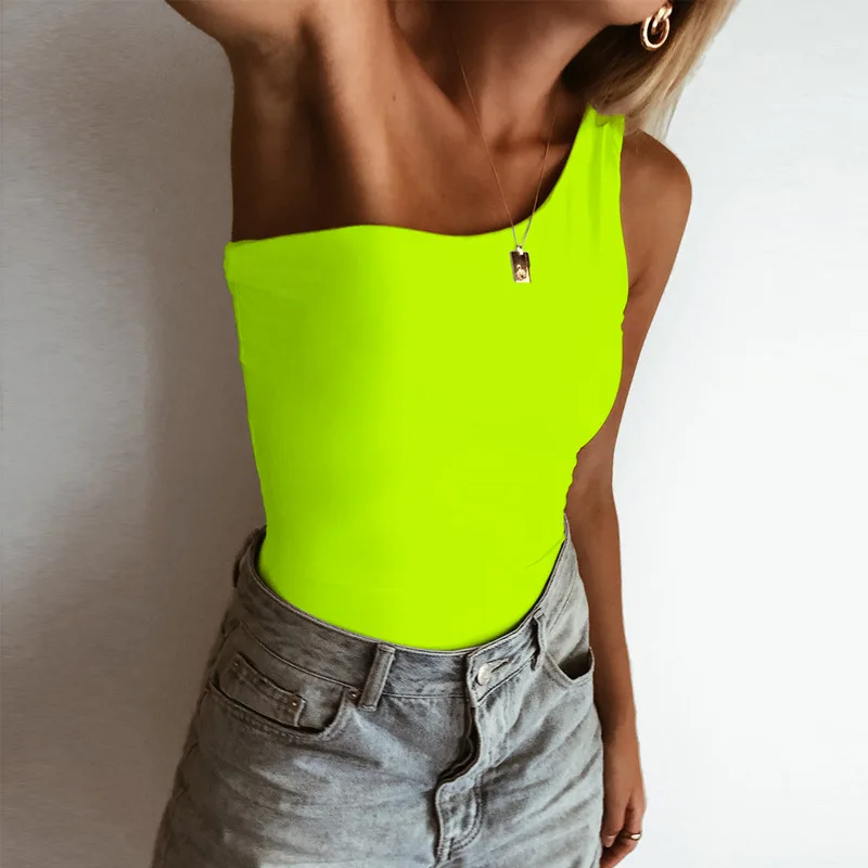 

Private Label Lime Green One Shoulder Sleeveless Sexy Bodysuit Women Summer Jumpsuit 2019 Fashion Top Body Bathing Suit