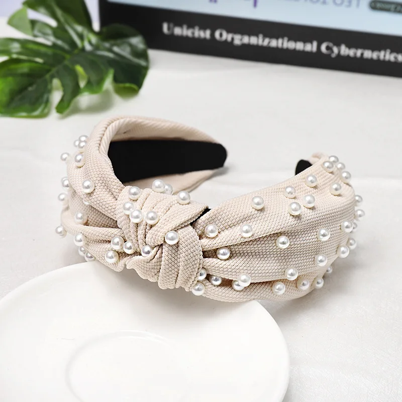 LRTOU Wholesale Hair Accessories Girls Plain Fabric Knot Plastic Headband Custom Pearl Hair Bands For Women