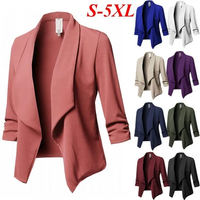 

Women's Stretch 3/4 Gathered Sleeve Open Blazer Plus Size Jacket Lapel Casual Small Suit Slim Work Wear Y10351