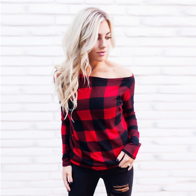 

salisaman-37 2018 autumn and winter large size women's fashion long-sleeved shoulder strap plaid shirt T-shirt