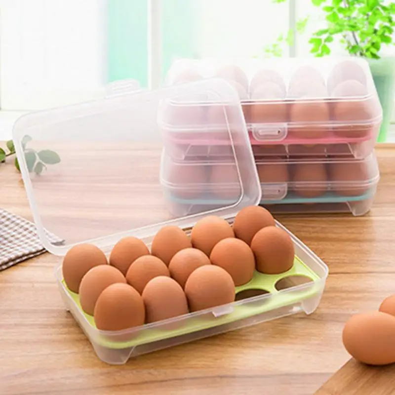 

Kitchen Supplies Refrigerator Egg Preservation Box Handle Design 15 Lattice Portable Picnic Egg Storage Box Plastic Egg Box