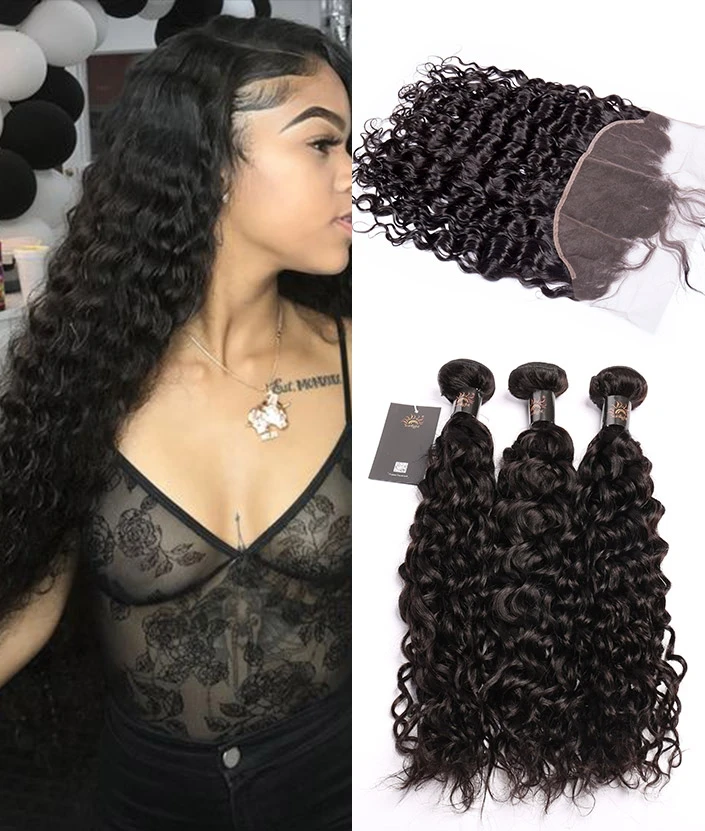 

2021free sample longhair Sunlight non remy Human Hair water wave 9A 3 Bundles Malaysian Water Wave Hair With lace Frontal, Natural colors