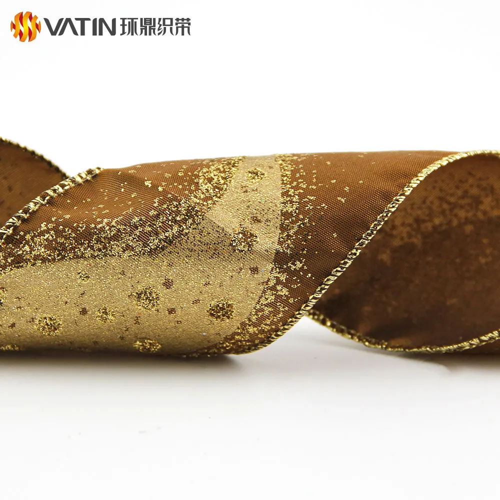 63mm Wide Beautiful Christmas Gift Wrapping Glitter Dazzled Star Pattern Wired Satin Ribbon