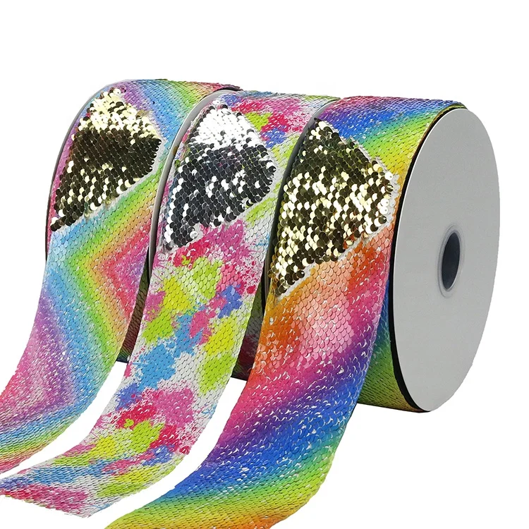 

Rainbow Color 75mm DIY Crafts Hair Bows Accessories White Silver Gold Sequin Reversible Ribbon 3 Inch In Bulk, Custom