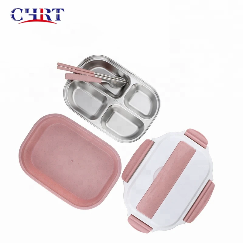 

Chrt Wheat Straw Disposable Biodegradable 2 layer 4 Compartment Stainless Steel Leakproof Snack Lunch Bento Box for Kids, Pink, blue, green, beige