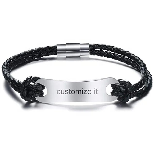 

Wholesale Engraving Custom Stainless Steel Double Black PU Leather Magnetic Clasp Bracelet For Men