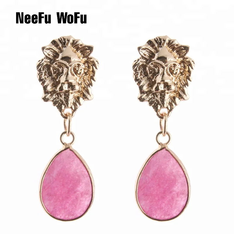 

NeeFu WoFu New Drop Earrings Natural stone Earring Lion Head Big Earring For Woman Large Long Brinco Ear Oorbellen Gift, Pink