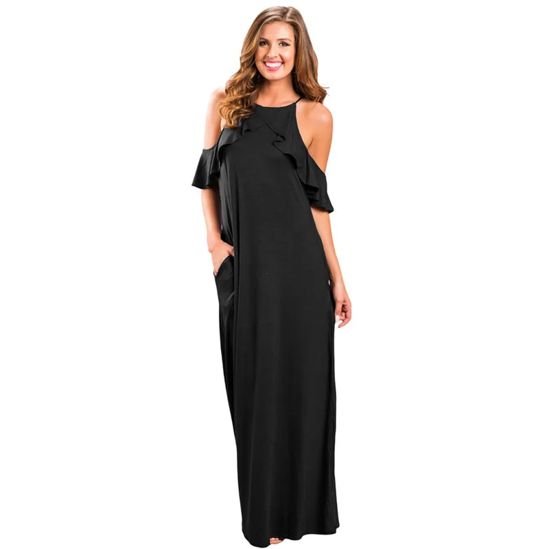 

New Style Casual Women Ruffle Sleeve Cold Shoulder Maxi Dress, Customized