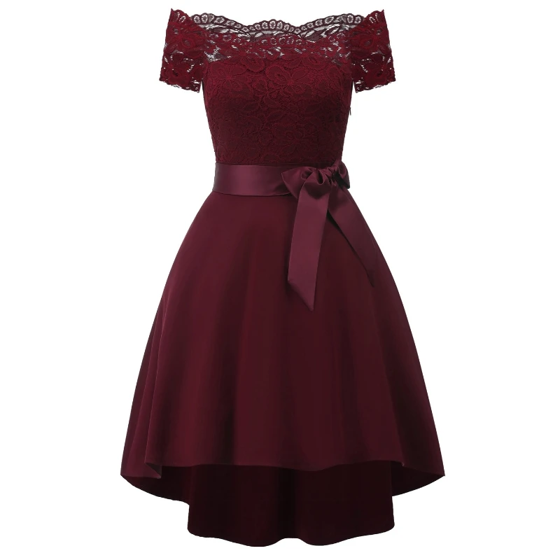 

Off shoulder lace patchwork high low swing party dress burgundy Robe vintage 50s 60s Women rockabilly short sleeve pin up dress