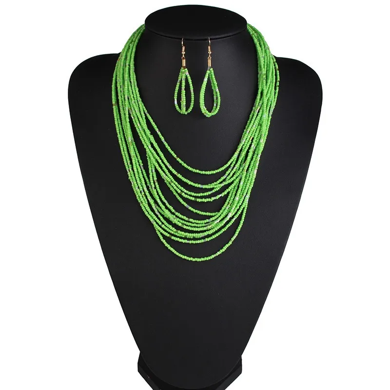MULTI STRAND MULTI GREEN GLASS SEED BEAD NECKLACE EARRING 