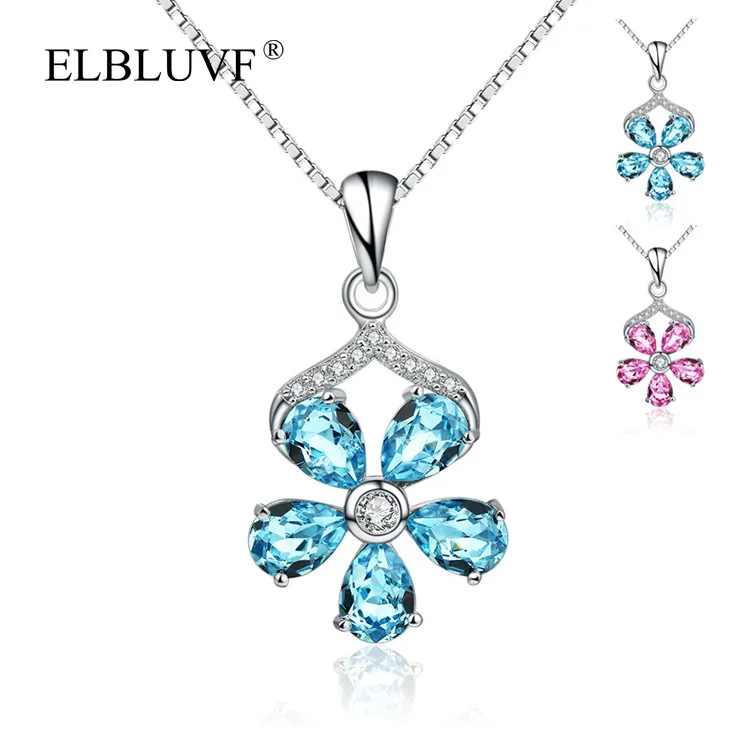 

ELBLUVF 925 Sterling Silver Chain Womens Pink Blue Zircon Lucky Flower Necklace Jewelry For Wedding Valentine Gift