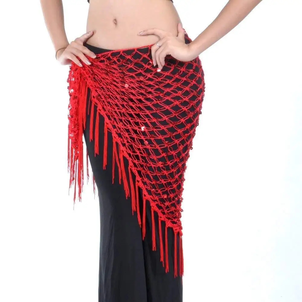 

High Quality Sexy Women Sequin Tassels Handmade Crochet Net Triangle Scarf for Belly Dance Hip Skirt, Black,red,rose pink,pink,yellow,