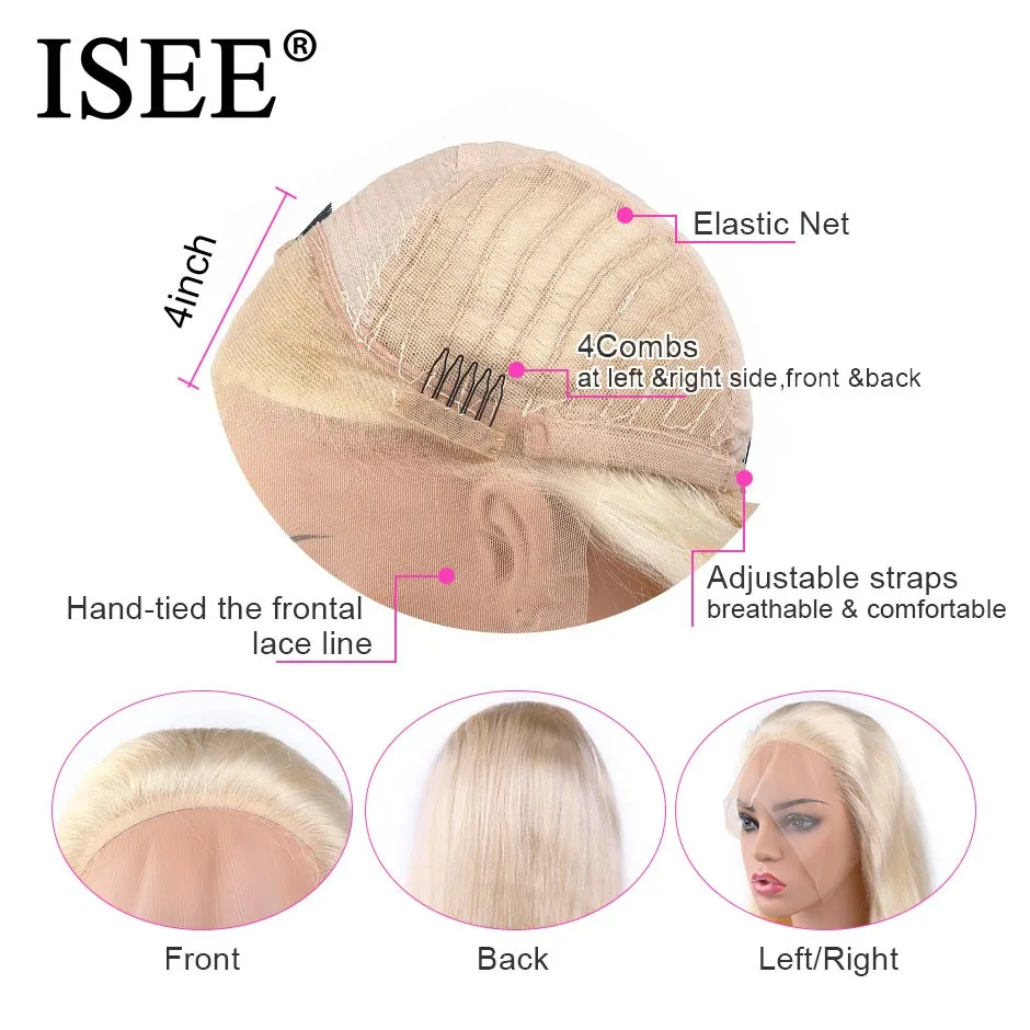 Isee 613 Blonde Blue Pink Brazilian Human Hair Straight Lace Front Wig Pre Plucked With Baby Hair
