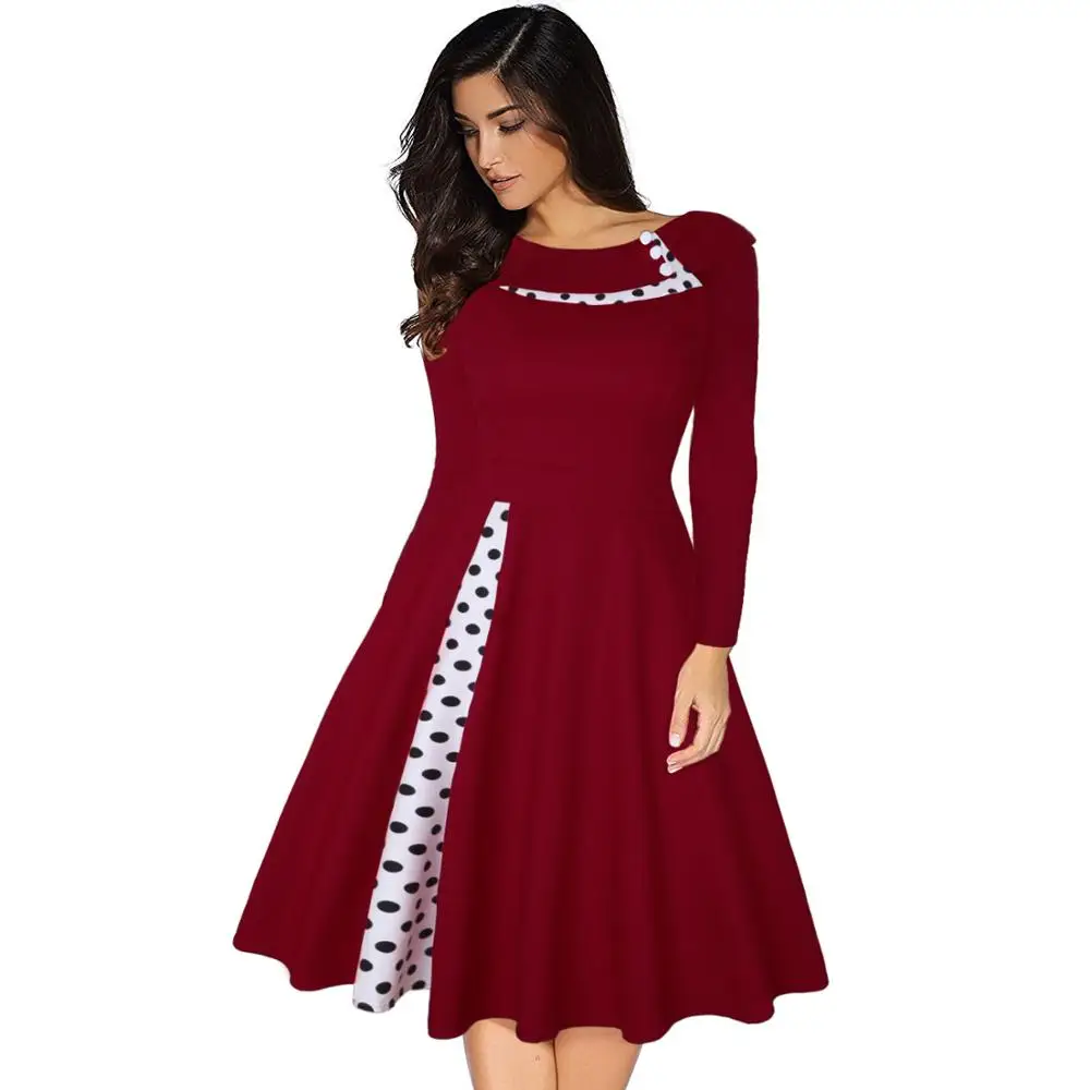 5 Color Elegant Vintage Lady Dresses Polka Dot Print Button Patchwork 50s 60s Rockabilly Plus Size S-3XL a Line Dress Midi E252