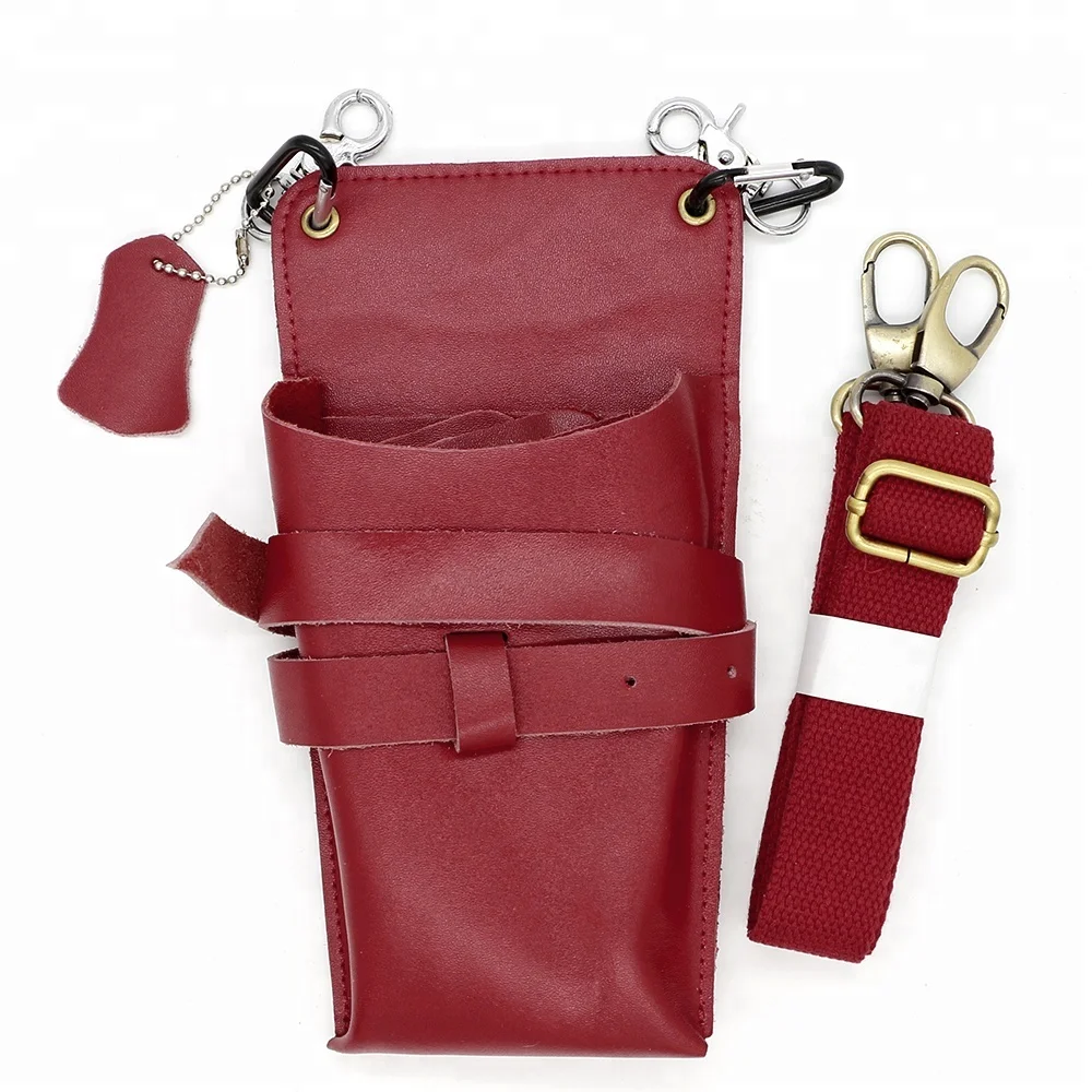 

Hair Scissors Accessories Holder Metal Buckle Red Leather Hair Stylist Pouches Hairdresser Waist Bag